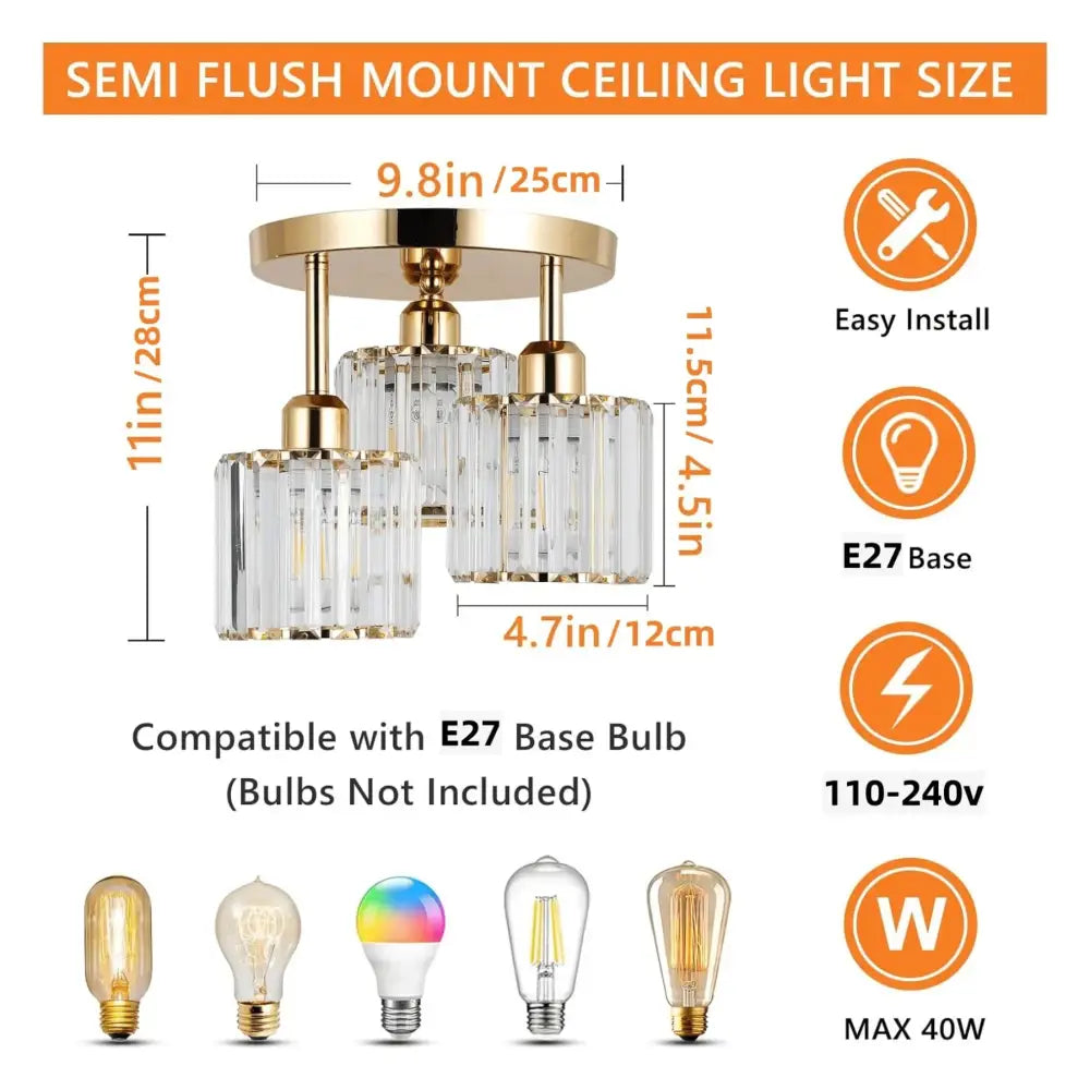 Decorbites gold crystal semi-flush mount ceiling light with three clear faceted crystal shades and gold finish