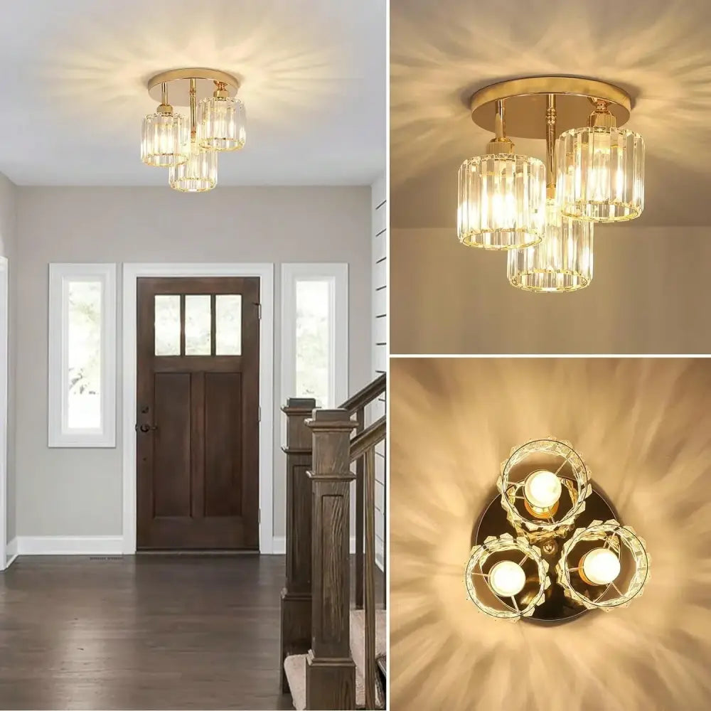 Decorbites™ gold crystal semi-flush mount ceiling light with gold-toned fixture and three clear glass shades