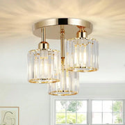 DecorBites gold crystal semi-flush mount ceiling light with three cylindrical crystal shades in gold tone