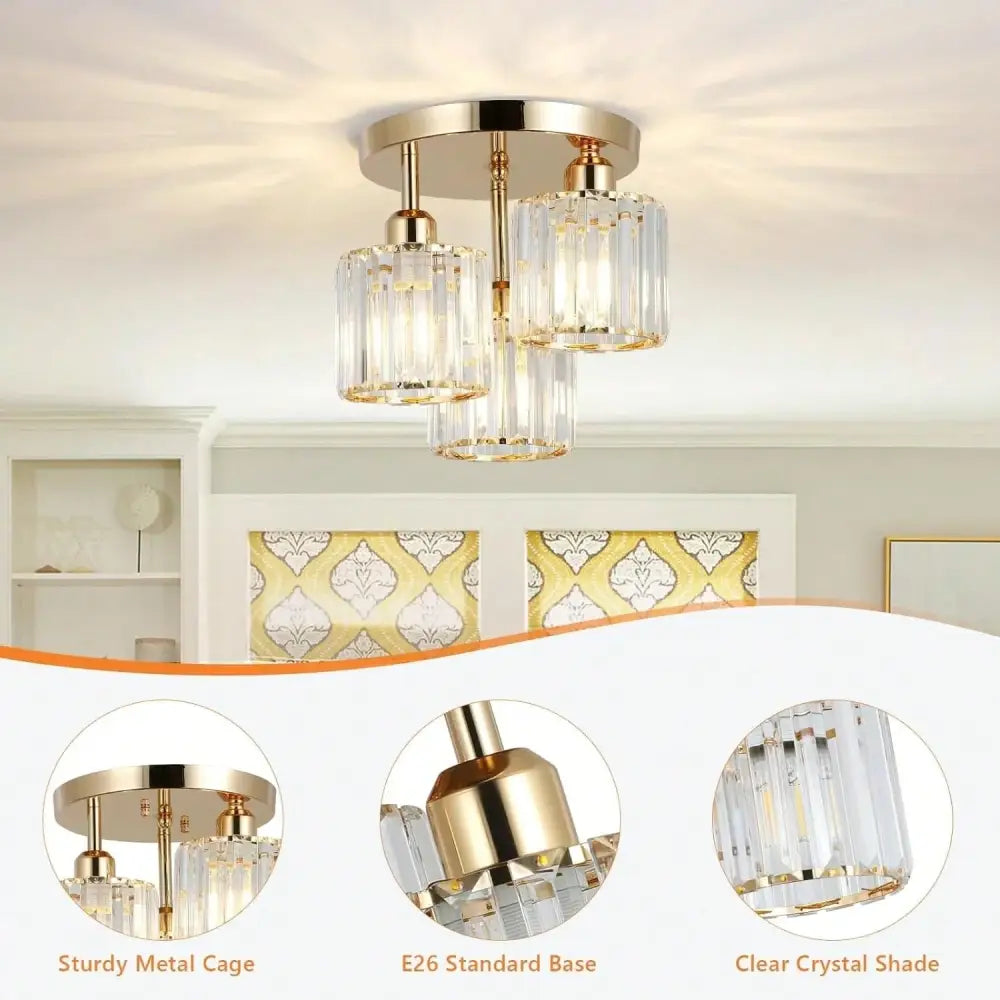 DecorBites™ gold crystal semi-flush mount ceiling light with three clear crystal shades and metal cage base