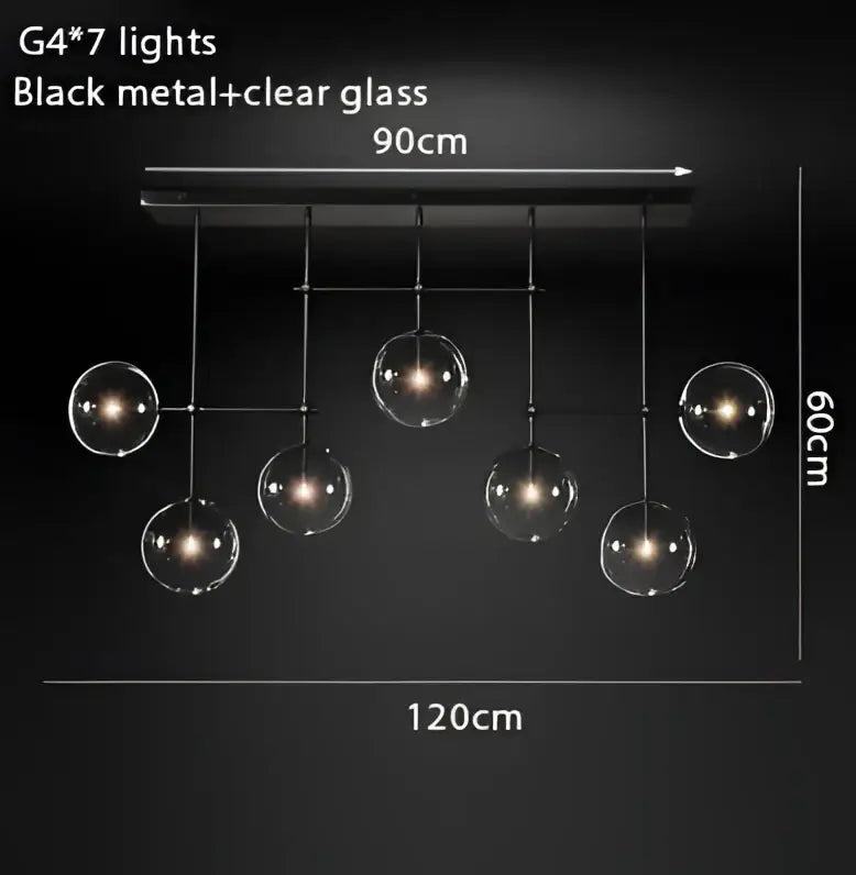 DecorBites™ gold glass bubble chandelier with black metal and clear glass pendant fixture with seven spherical bulbs for dining room