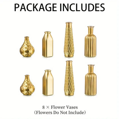 Set of eight gold glass vases in various shapes with textured finishes for elegant antique art style home decor