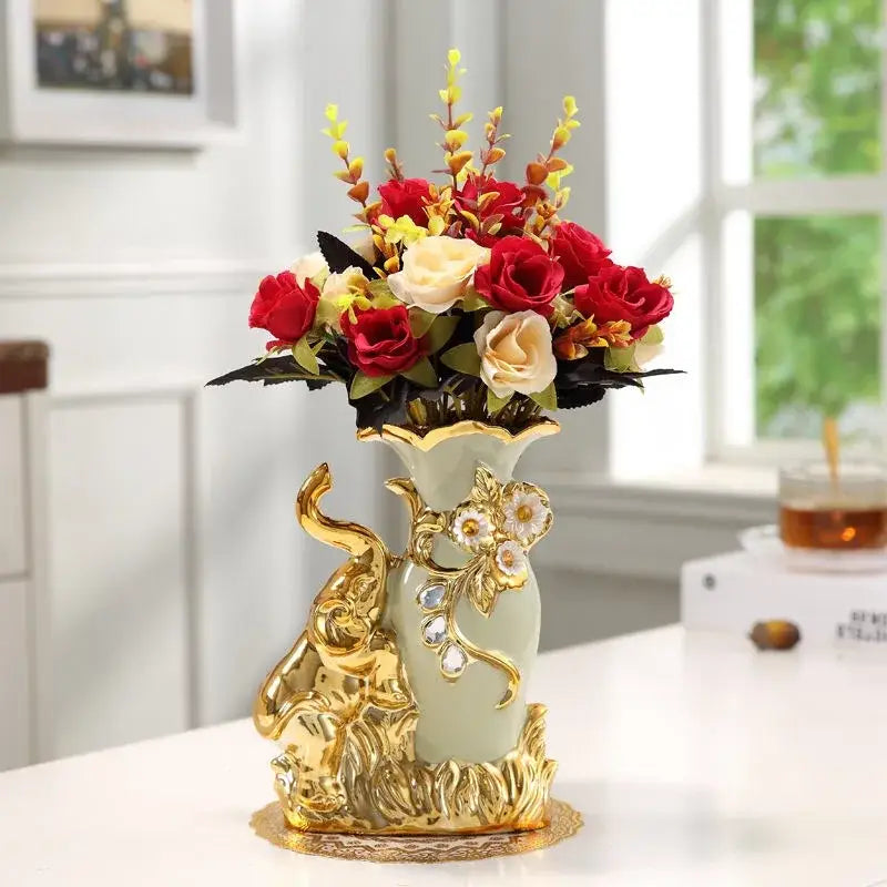 Decorbites™ gold glass vase with light green ceramic body gold accents and ornate elephant figurine base for stylish decor