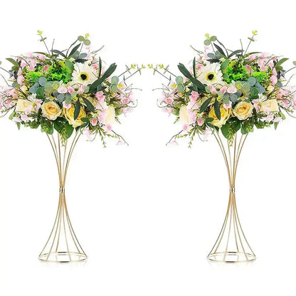 DecorBites gold iron flower vase set features elegant gold-toned wireframe stands with soft pink yellow and white flowers