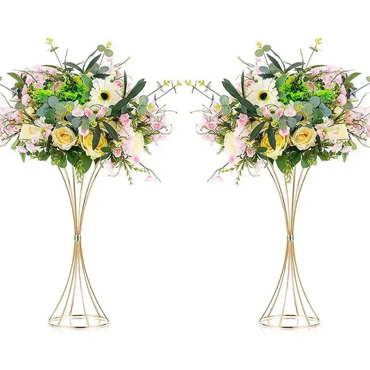 DecorBites gold iron flower vase set features elegant gold-toned wireframe stands with soft pink yellow and white flowers