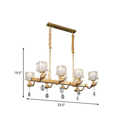 DecorBites gold island chandelier with five clear crystal glass shades and crystal draping for dining room lighting