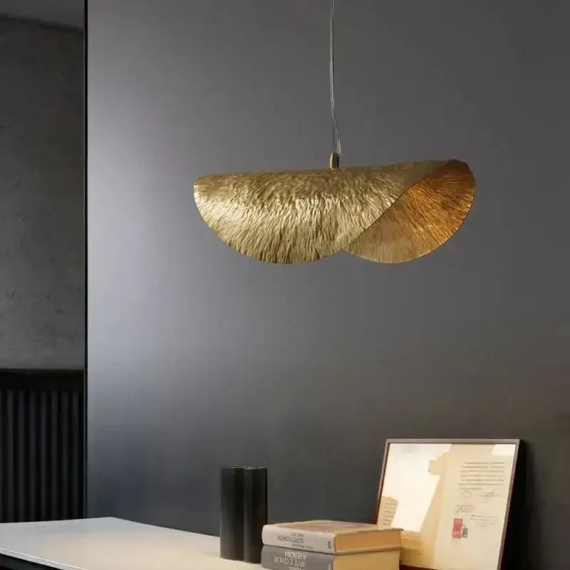 DecorBites gold lotus leaf pendant light with modern textured golden fan design for elegant LED chandelier lighting