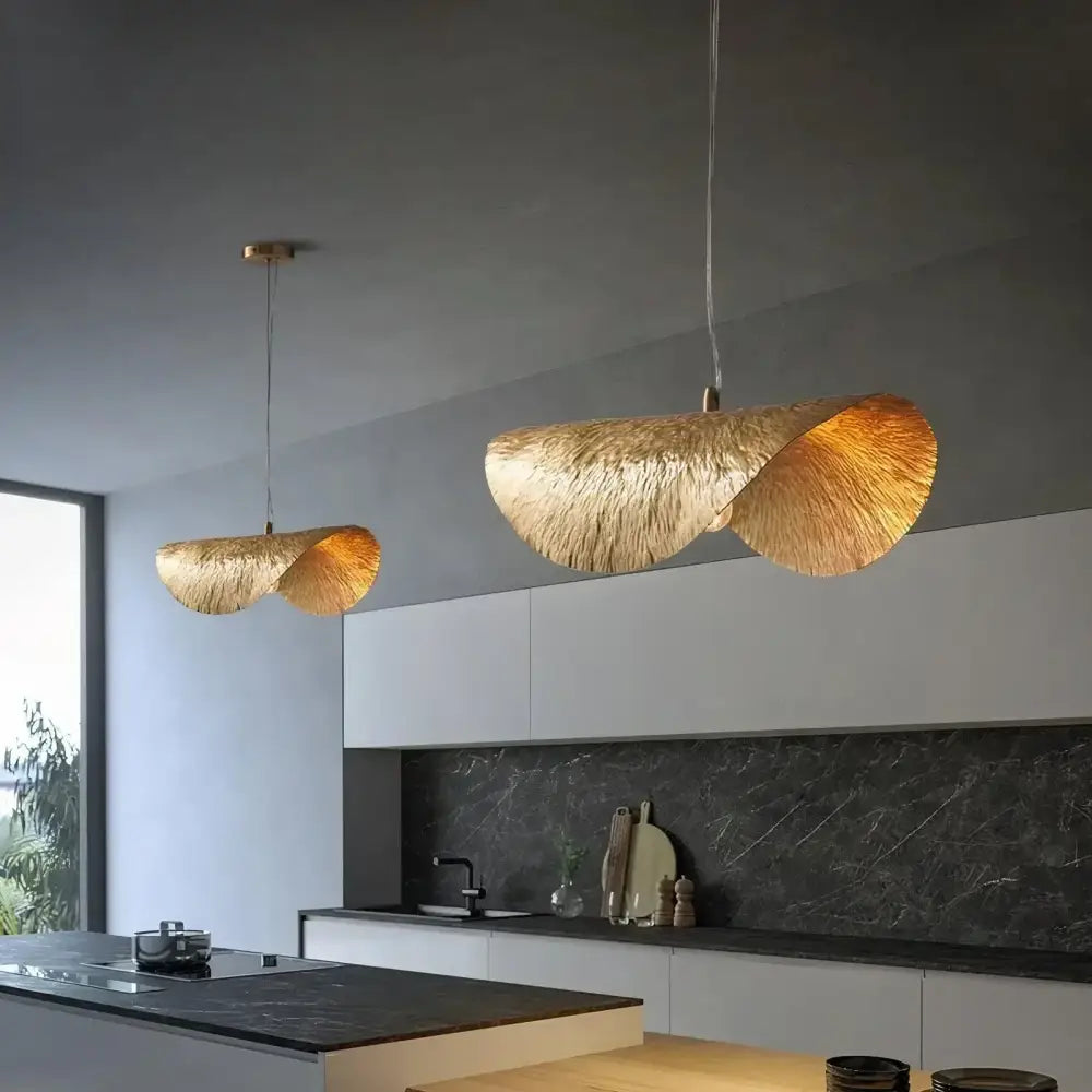 DecorBites gold lotus leaf pendant light with textured woven material shaped like lotus leaf for modern LED chandelier