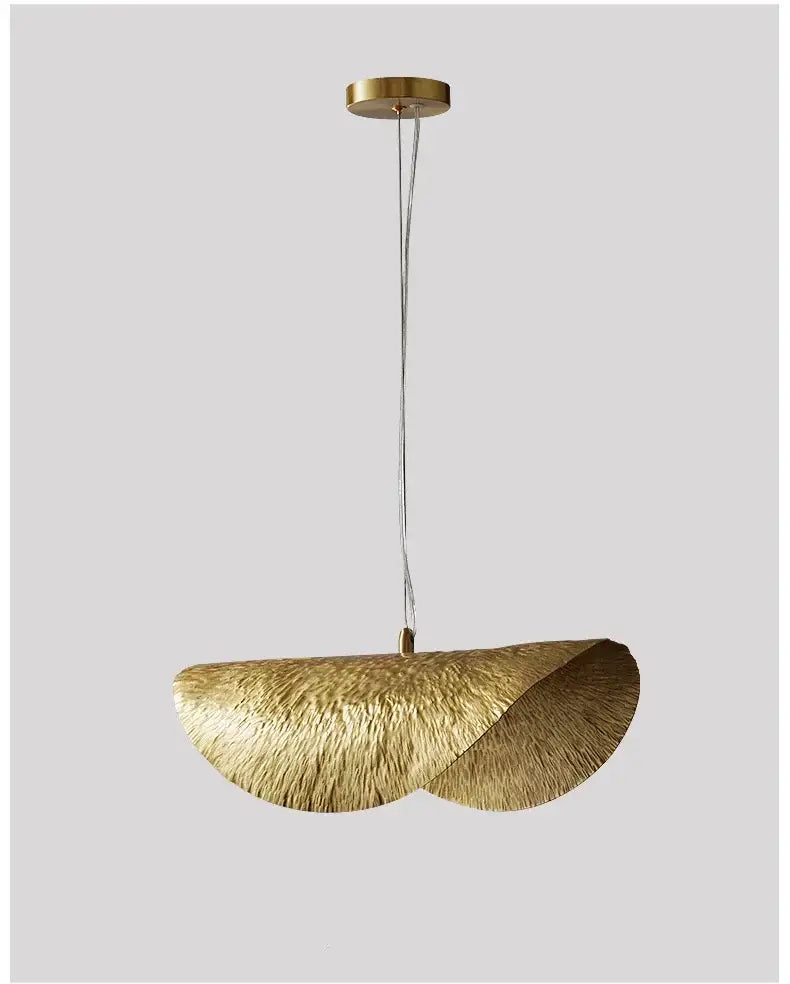 DecorBites gold lotus leaf pendant light with textured woven shade resembling a modern lotus leaf design