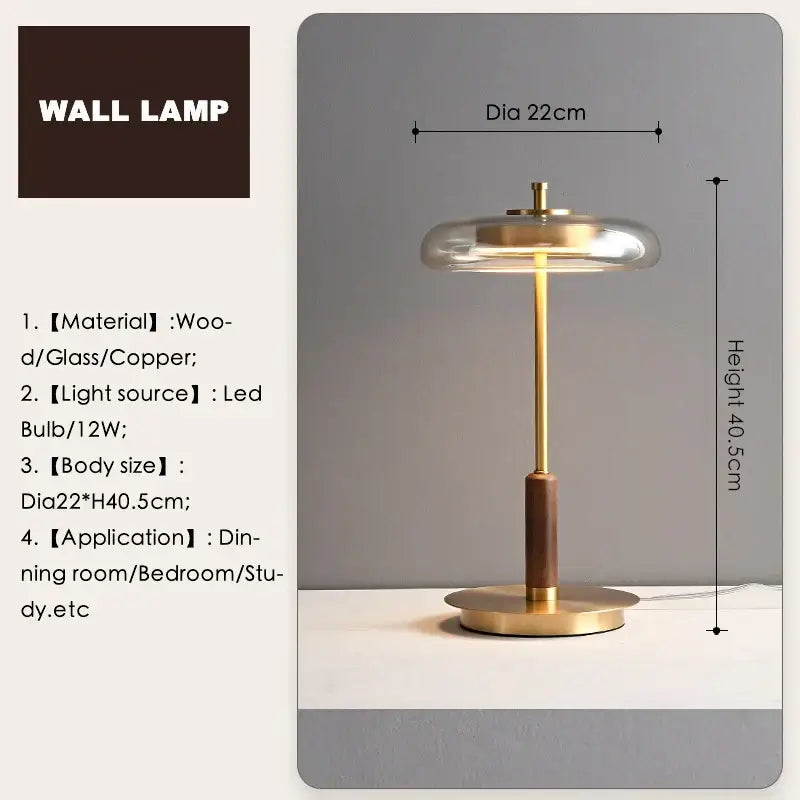 A decorbites gold lustre table lamp with a brass stem and clear gold lustre glass mushroom shade for bedroom wood accent