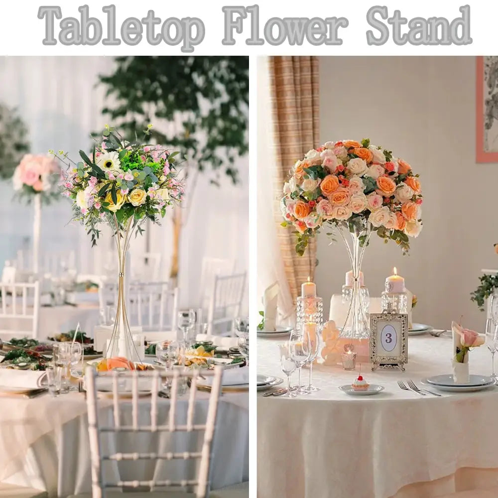 Elegant DecorBites™ gold metal trumpet flower stand with a slender tall design and clear glass base for tabletops