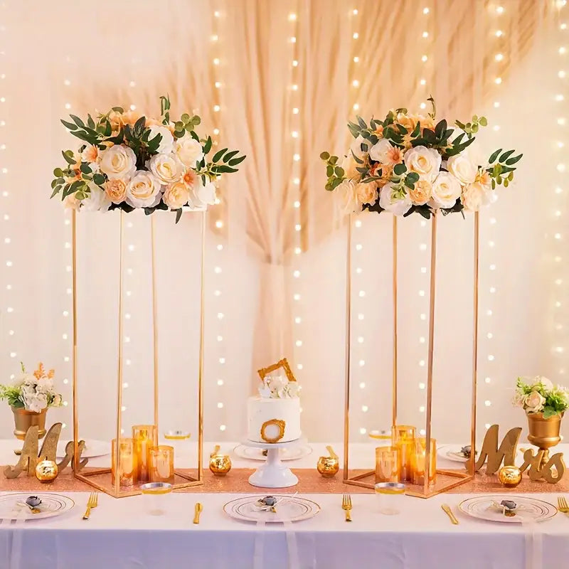 Decorbites™ gold metal vase set featuring tall gold metal floral centerpieces with cream and peach roses and greenery
