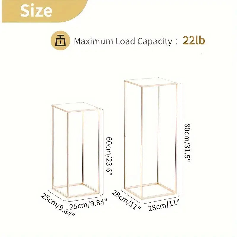 Decorbites gold metal vase set featuring gold-toned metal rectangular display stands with clear glass panels for home events