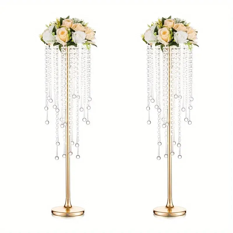 Gold metal vases set with gold metal frame, cascading clear beads, and peach white rose floral arrangement at 29.6 inch height