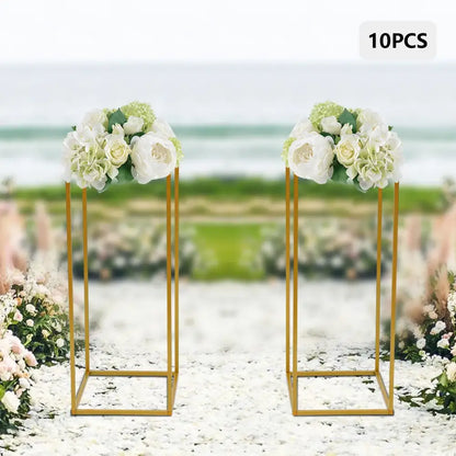 DecorBites™ gold metal wedding flower stand set with white and light green artificial floral bouquets