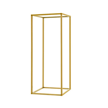 Gold metal wedding flower stand with minimalist rectangular frame for elegant wedding flower display by decorbites