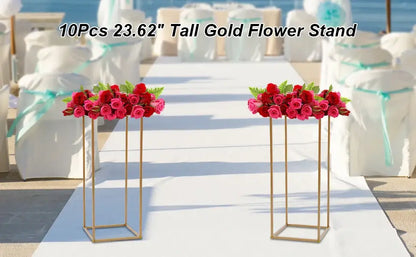 Decorbites™ gold metal wedding flower stand set featuring tall gold flower stands with sleek geometric frame design