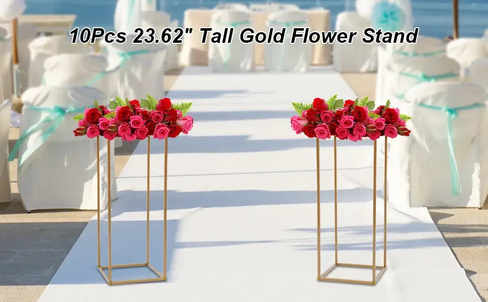 Decorbites™ gold metal wedding flower stand set featuring tall gold flower stands with sleek geometric frame design