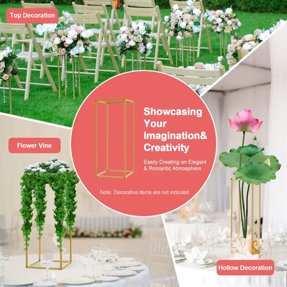 DecorBites gold metal wedding flower stand set with minimalist rectangular open sides design for displaying flowers