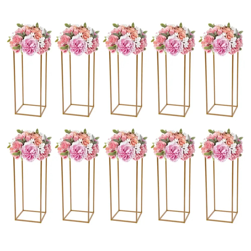 DecorBites™ gold metal wedding flower stand set of ten with pink peach artificial roses and white floral accents