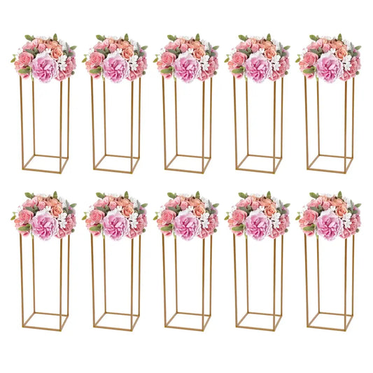 DecorBites™ gold metal wedding flower stand set of ten with pink peach artificial roses and white floral accents