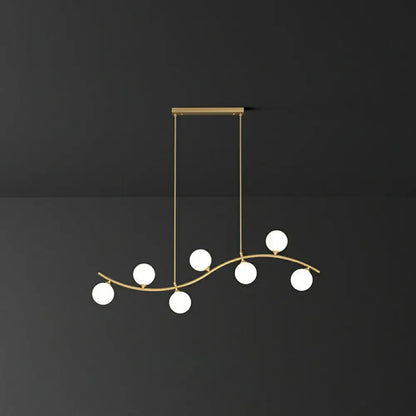 Gold-toned decorbites milk ball glass pendant lighting with curved metal arm and five bulbs for minimalist wavy ceiling