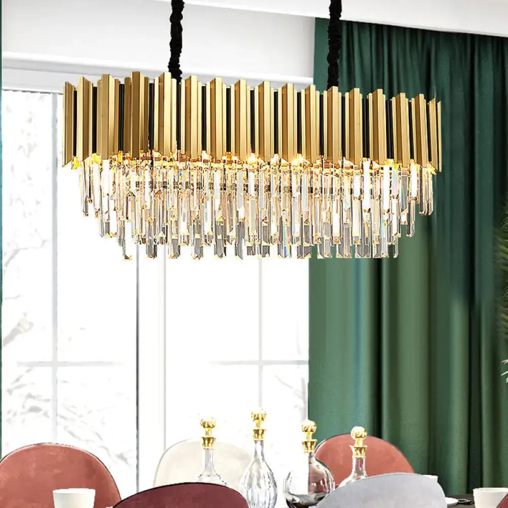 Gold-toned DecorBites™ 10-light island light with vertical crystal rod prisms for 220v-240v kitchens