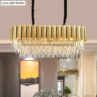DecorBites gold oblong crystal rod pendant island light features vertical bars and cascading prisms 110v-120v