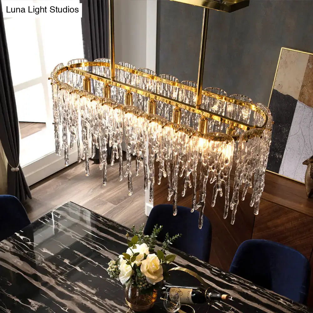 Decorbites gold oval island pendant ceiling light with minimalist design and clear crystal icicle elements