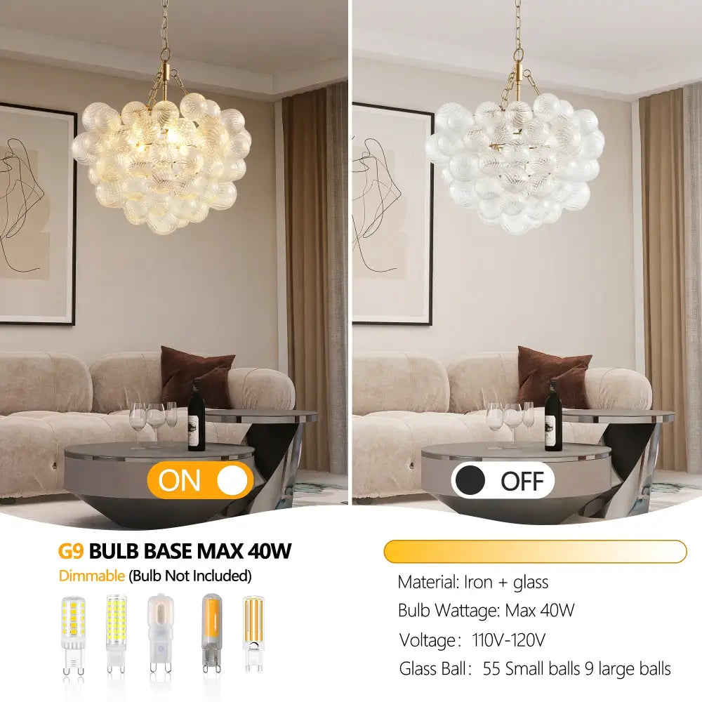 Decorbites™ gold pendant chandelier with adjustable height featuring 55 small and 9 large glass balls on brass frame