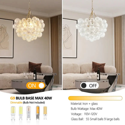 Decorbites™ gold pendant chandelier with adjustable height featuring 55 small and 9 large glass balls on brass frame