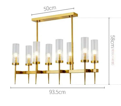 Decorbites gold plated nordic living room chandelier with eight clear glass cylinders and slender metallic arms in gold finish