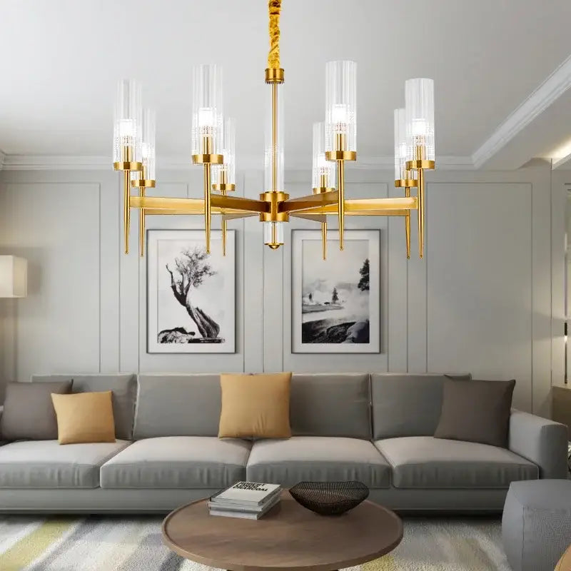 Decorbites gold plated nordic living room chandelier with gold tone, clear glass shades, and twisted chain suspension
