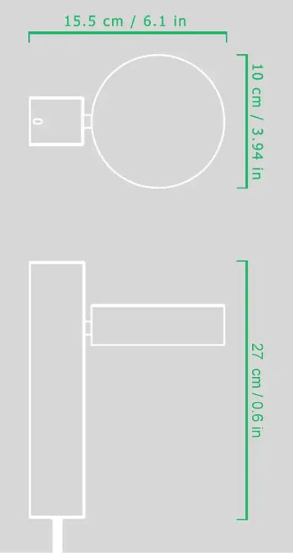 White line drawing of the DecorBites gold wall lamp with dimmer switch showing top view dimensions 15.5 cm by 10 cm
