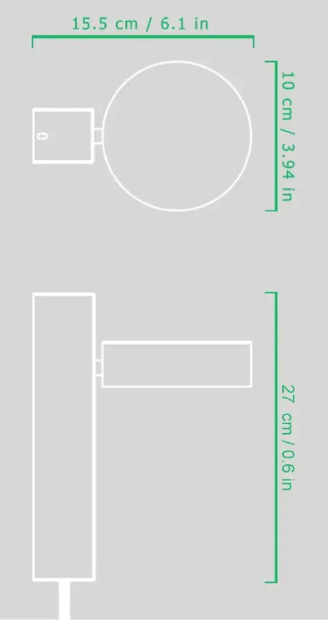 White line drawing of the DecorBites gold wall lamp with dimmer switch showing top view dimensions 15.5 cm by 10 cm