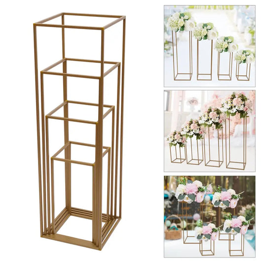 Gold wedding flower vase stand set by DecorBites featuring a modern geometric gold metal flower stand design