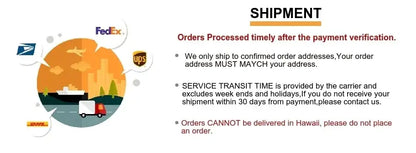 Shipping policy graphic featuring fedex ups usps and dhl logos around a globe for decorbites gold wedding flower vase stand set