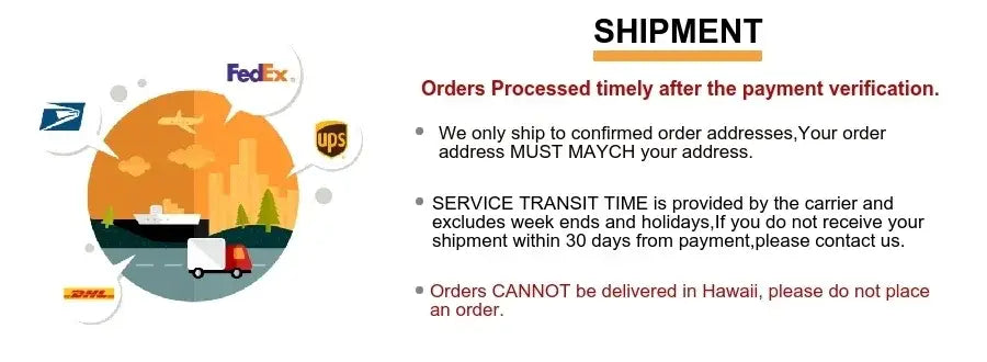 Shipping policy graphic featuring fedex ups usps and dhl logos around a globe for decorbites gold wedding flower vase stand set