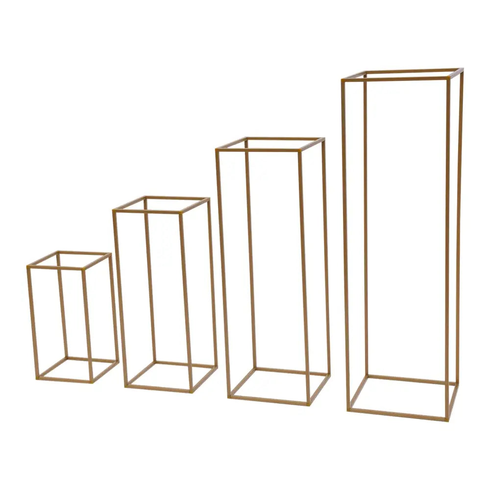 Set of four gold-toned metal rectangular flower vase stands varying in height for gold wedding decor by decorbites