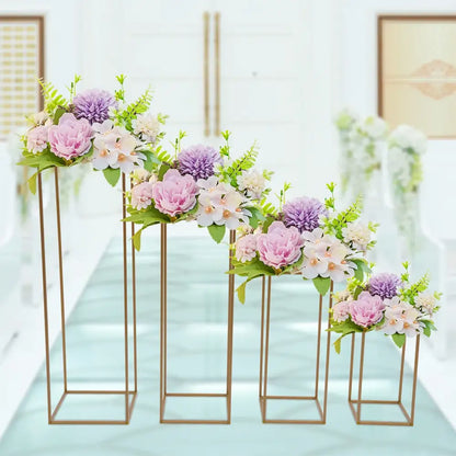 Decorbites™ gold wedding flower vase stand set of four gold-toned metal floral stands with pink and purple flowers