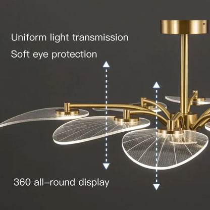 Decorbites golden art peacock led chandelier with gold tone and translucent leaf acrylic panels for living room lighting