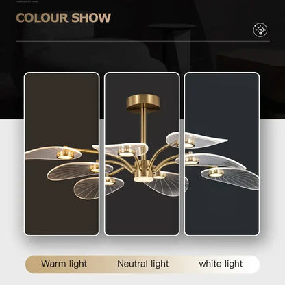 Decorbites golden art peacock led chandelier with gold-toned metal and translucent leaf-shaped glass shades for living room lighting