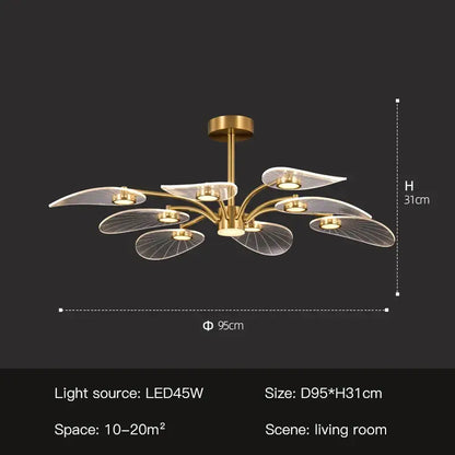 Decorbites golden art peacock led chandelier with six translucent leaf-shaped glass shades and gold-toned finish