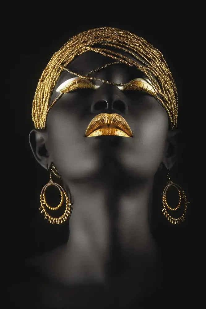 Decorbites™ golden jewelry african woman canvas art featuring a woman with a golden beaded headwrap and gold makeup