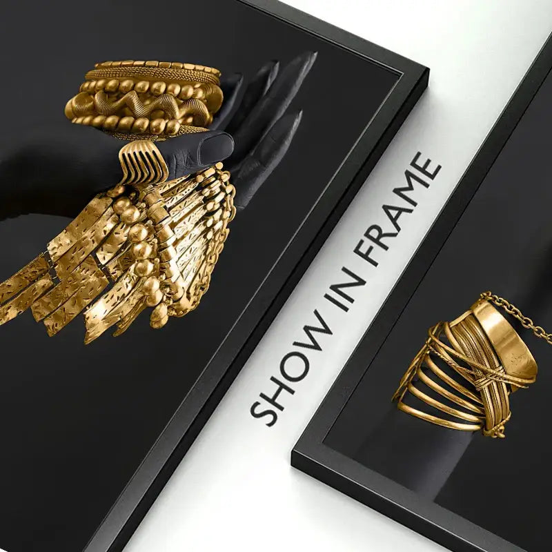 A black-gloved hand holding an ornate golden jewelry african bracelet featured in decorbites african woman canvas art