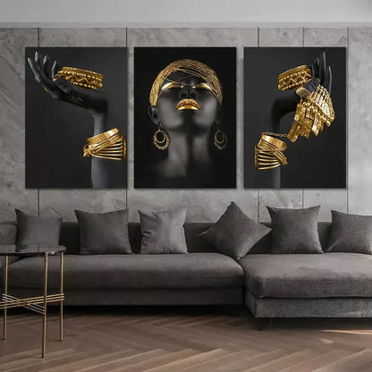 Decorbites™ golden jewelry african woman canvas art featuring a black and gold abstract portrait with intricate jewelry