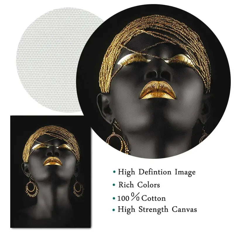Black canvas art print of african woman with golden jewelry african accents on lips eyes and headwrap by DecorBites™
