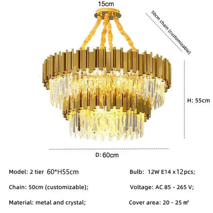 Decorbites golden luxury two-tiered chandelier with golden metal arms and crystal prisms for living room lighting