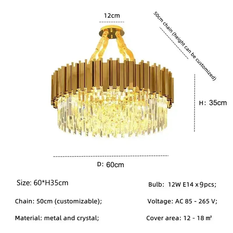 Decorbites golden luxury led crystal chandelier with gold-toned circular frame and cascading crystal droplets for living room light