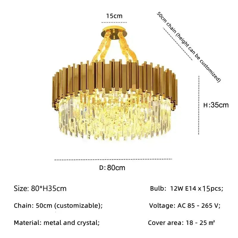 Decorbites golden luxury led crystal chandelier with a gold-toned circular frame and cascading crystal droplets for living rooms